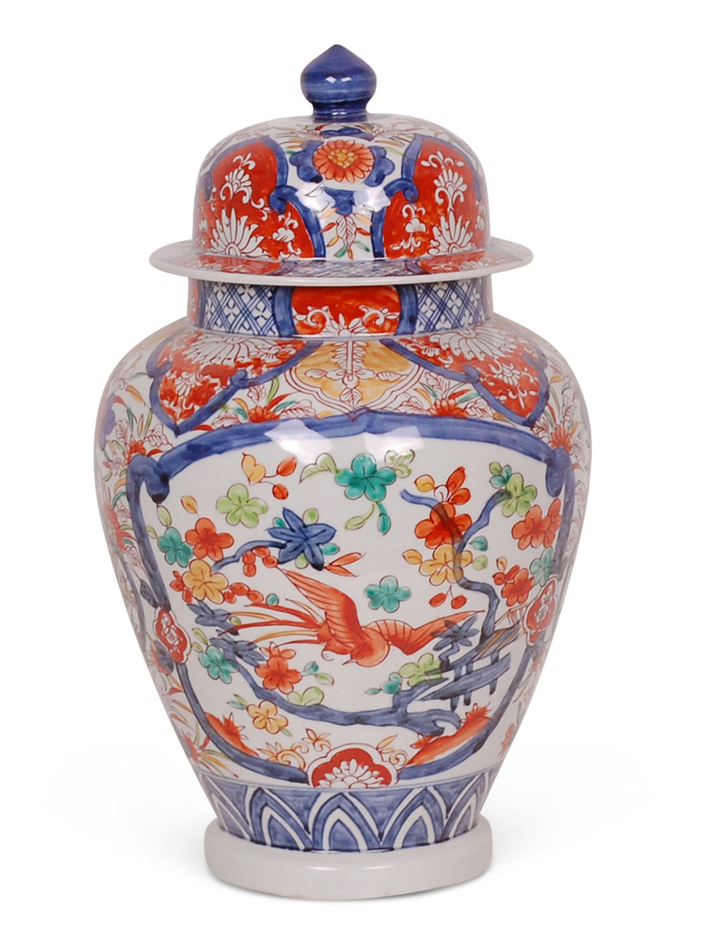 large scale, reproduction Imari jar is a show stopper with coral red, blue, green, yellow and gold accents.