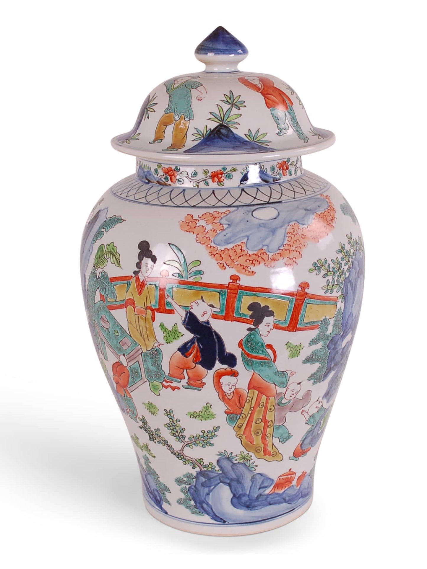 Asian inspired reproduction porcelain ginger jar with multicolored figures design stands 18" tall and features green, blue, coral, and gold.