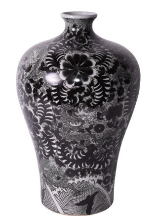 Classic black and white chinoiserie vase standing 22" tall.