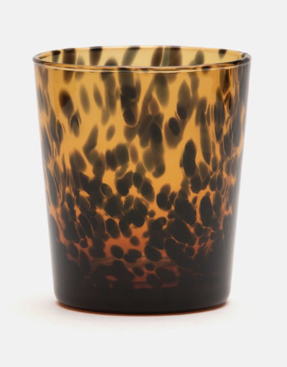 hand-blown glass tumbler in a tortoise shell pattern