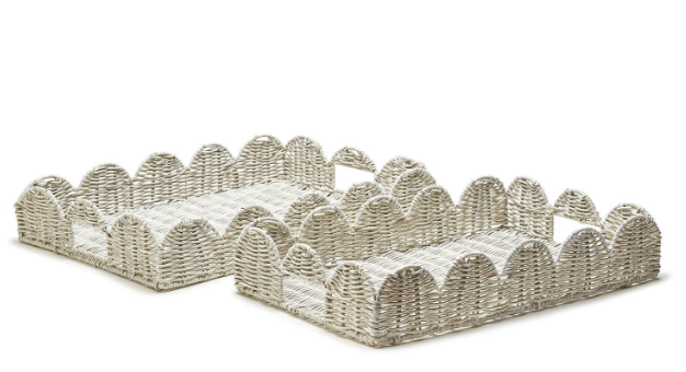 scalloped white, wicker trays