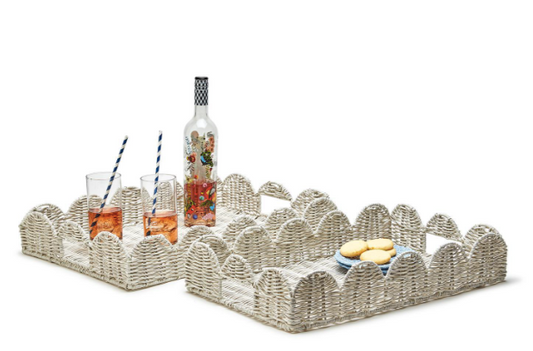 scalloped white, wicker trays