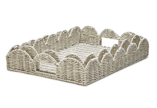 scalloped white, wicker trays