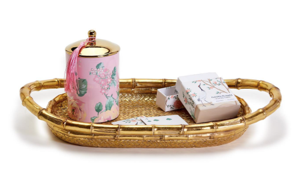 Golden Bamboo Tray with Basket Weave Pattern