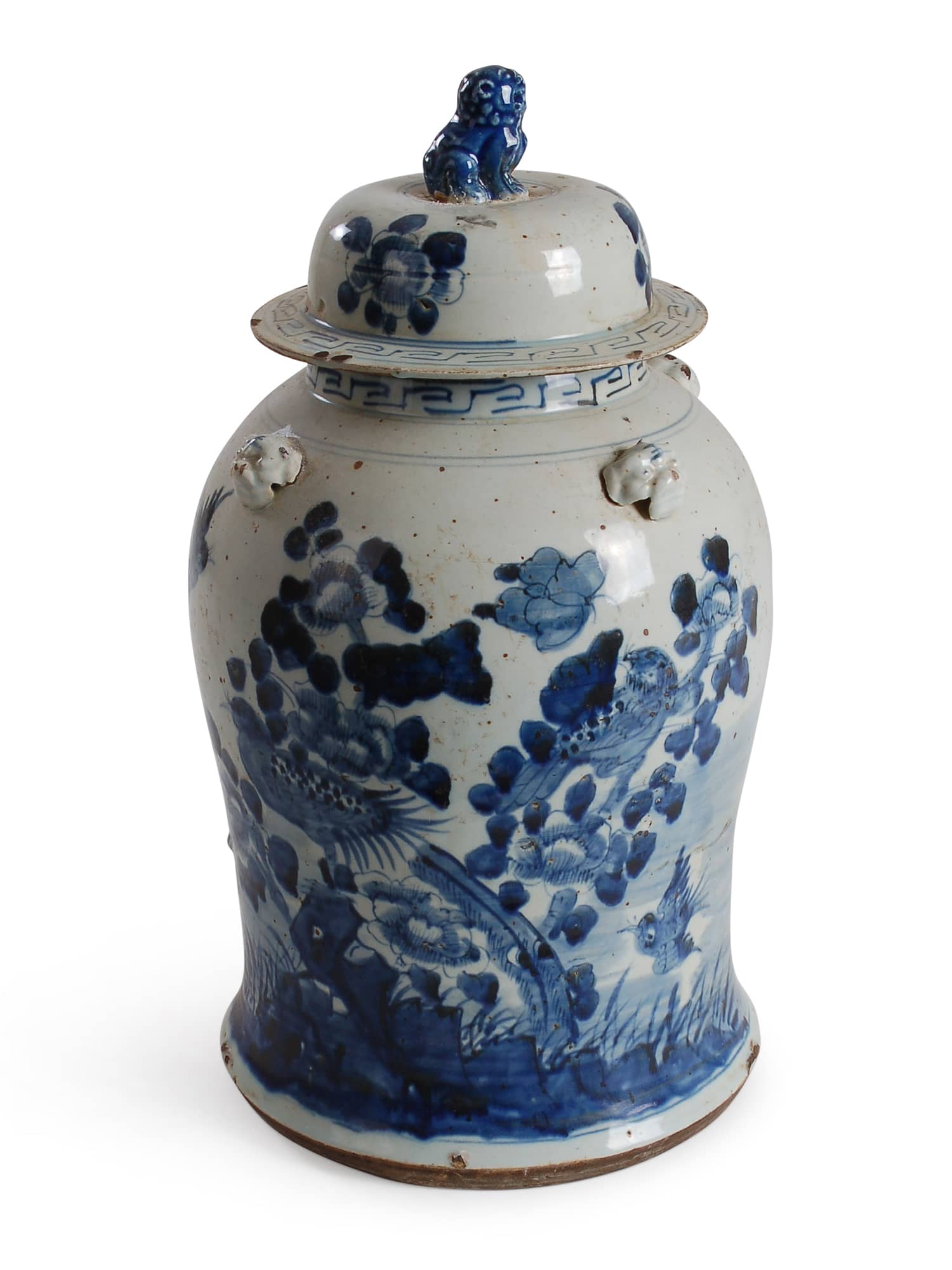 Vintage Ginger Jar with lid stands at 18" tall and features a blue & white bird and floral design