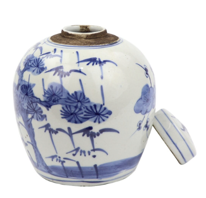 blue and white jar with lid