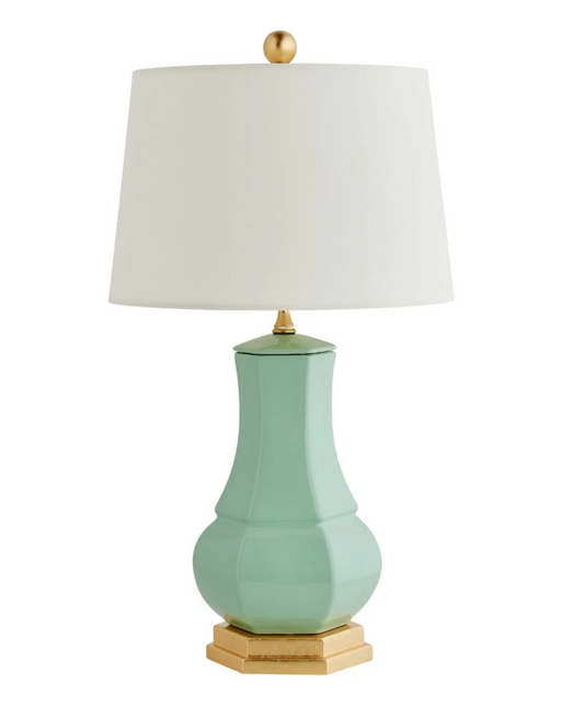 porcelain green lamp with gold leaf hardware and base