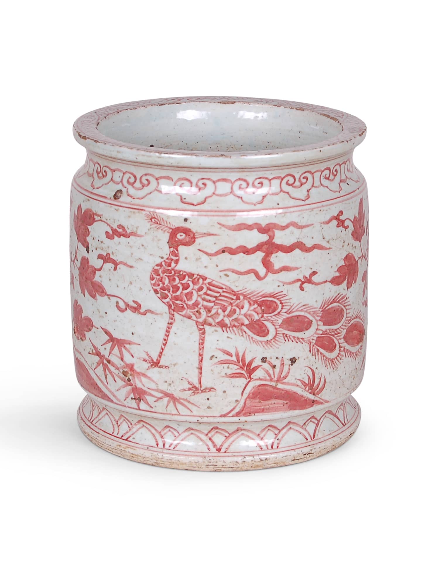 Reproduction porcelain beaker pot with peacock design in coral