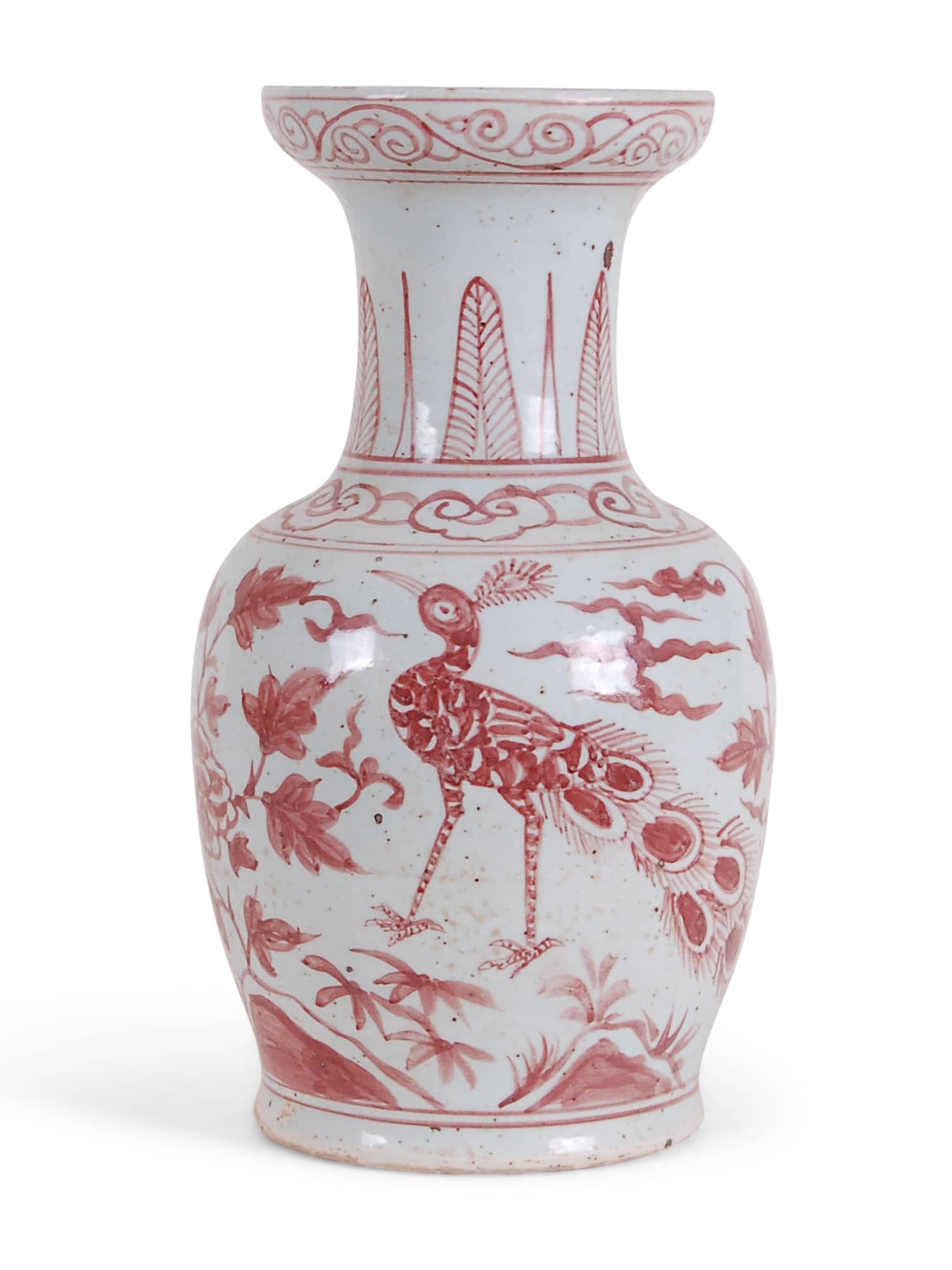 14" tall our coral and white vase features a chinoiserie peacock design.