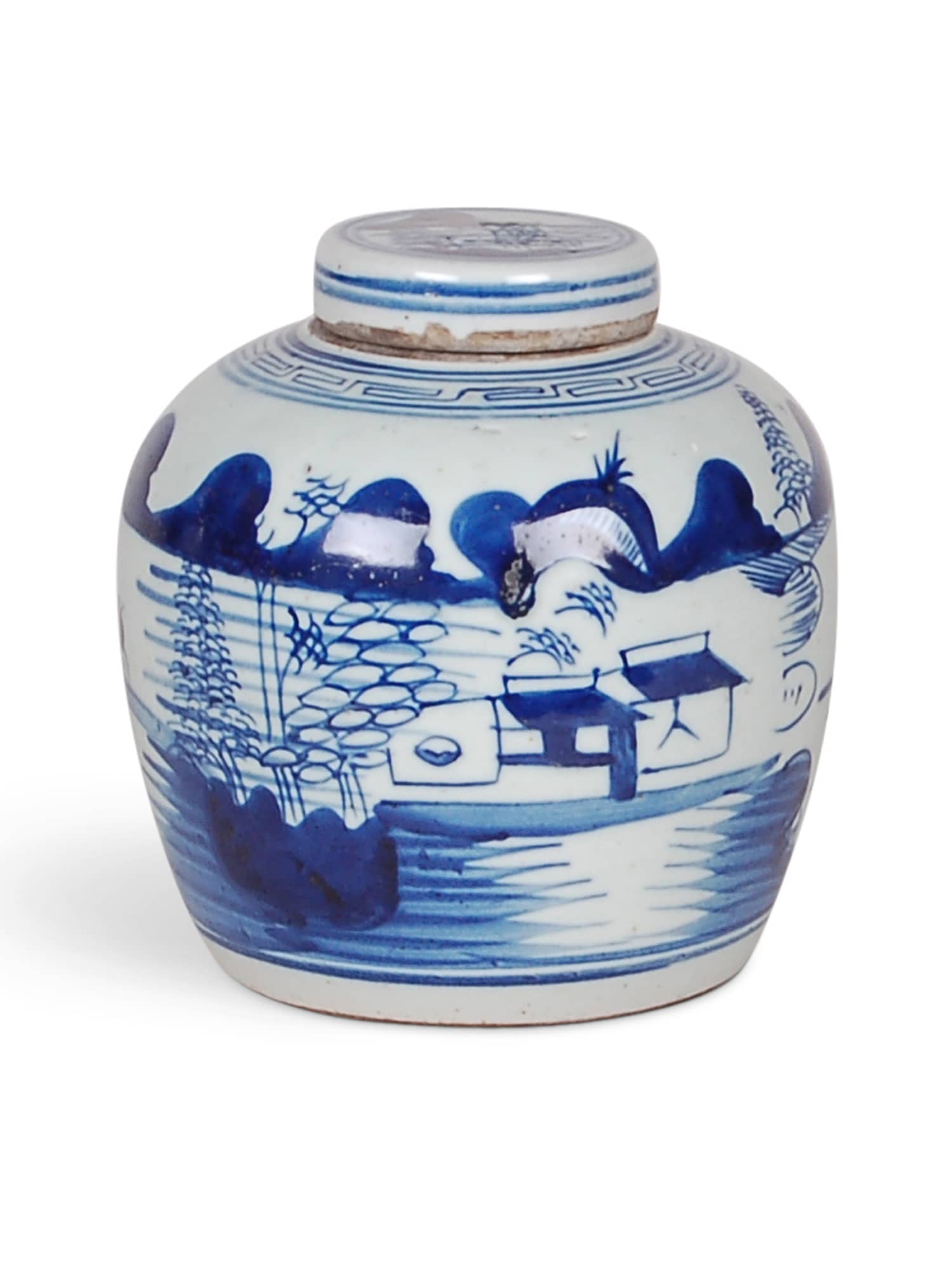 porcelain jar with blue and white Canton design