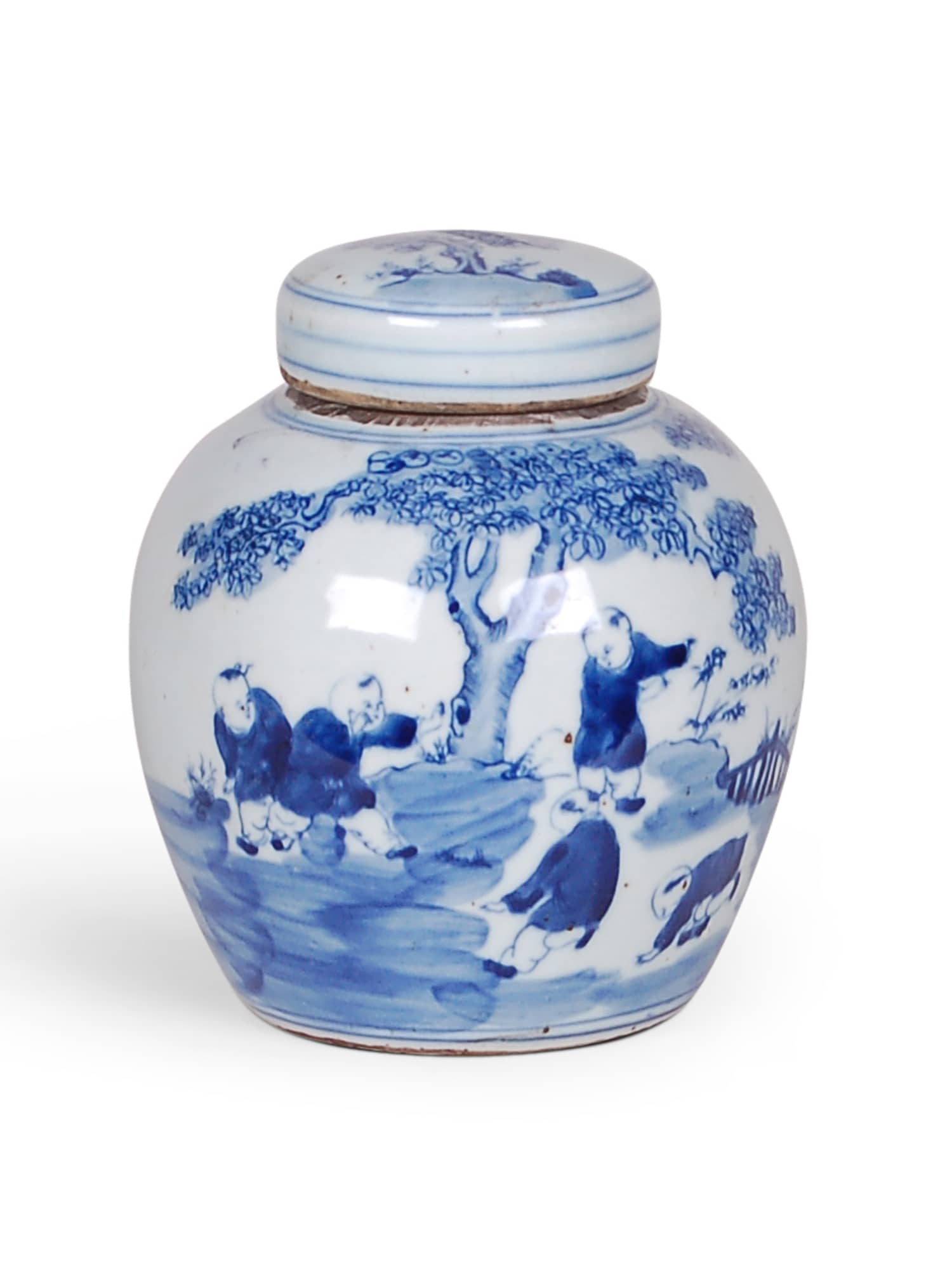 Reproduction porcelain jar with blue and white figures design.