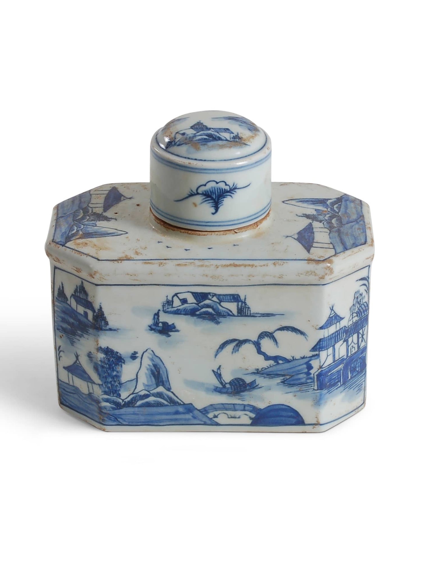 porcelain tea tin jar in hexagon shape with blue and white Canton design