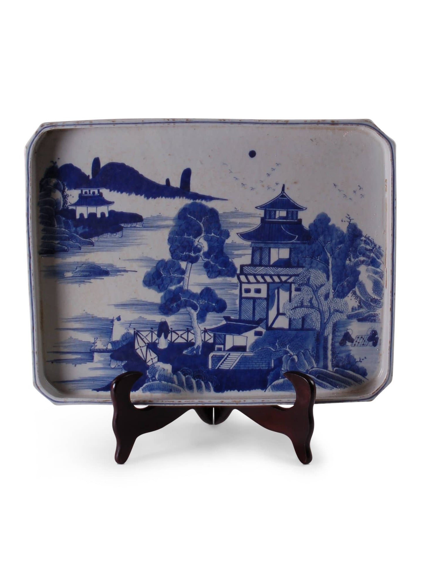 porcelain tray with blue and white Canton design.