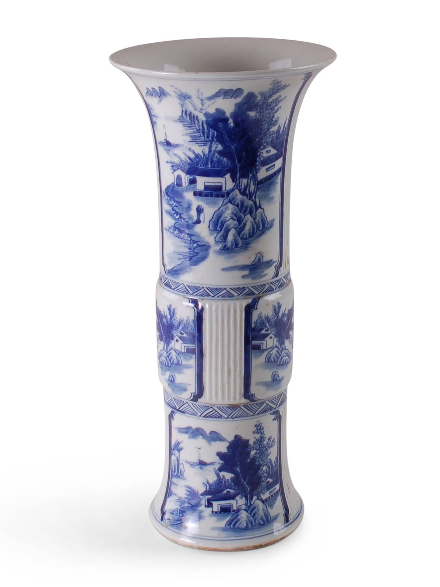 Chinoiserie vase stands 18" tall. Reproduction porcelain beaker vase with blue and white Canton design and fluted detail on sides.