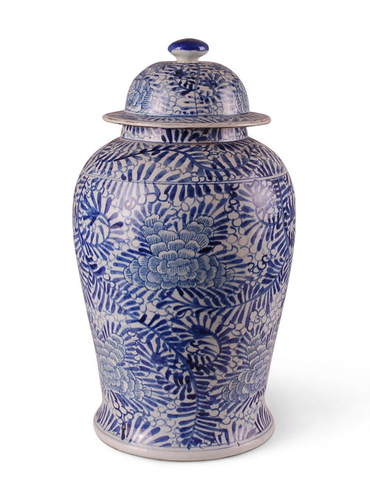 Palm leaf blue and white ginger jar.