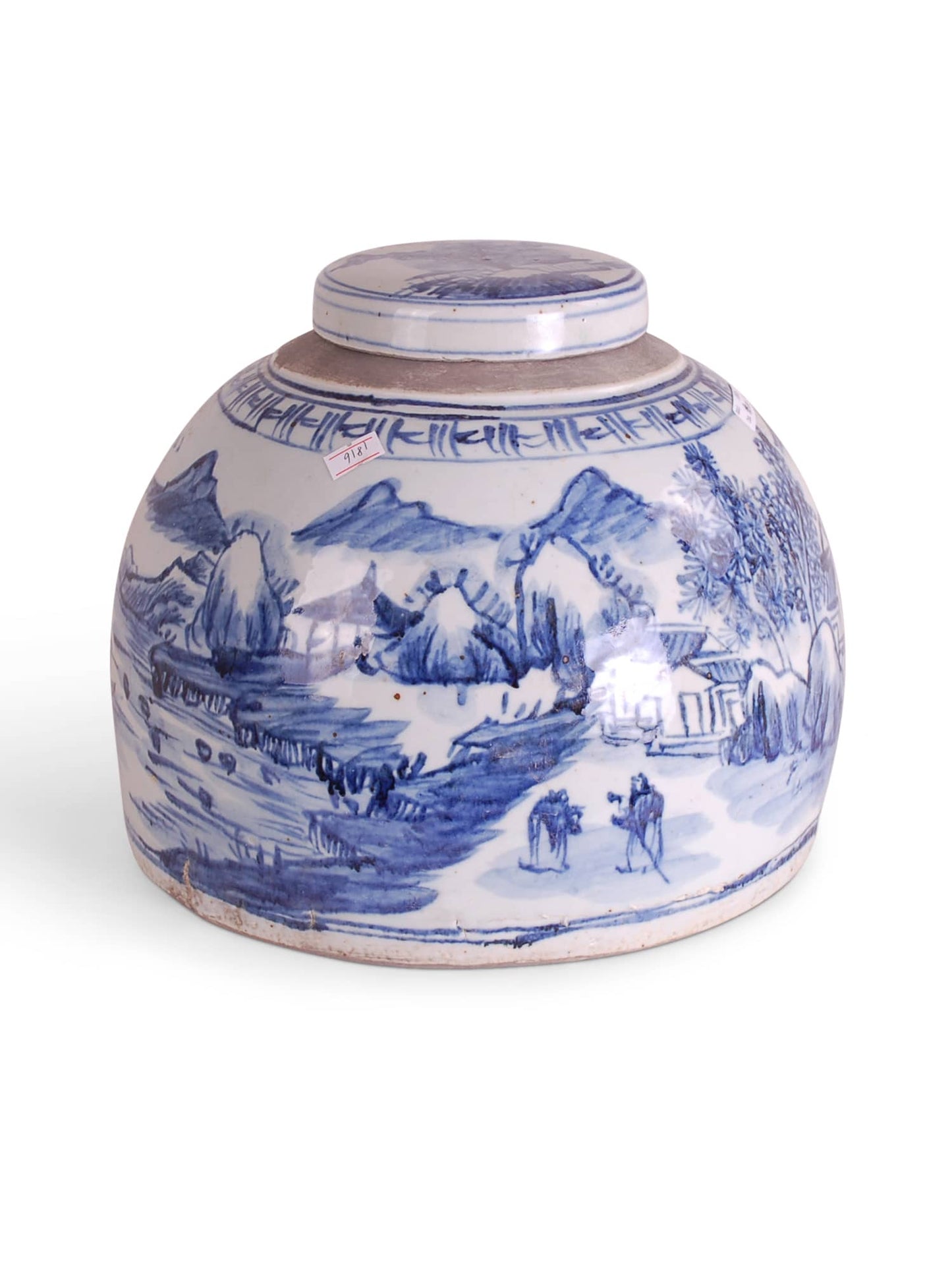 porcelain jar with blue and white Canton village design. Made with foot-stomped clay.