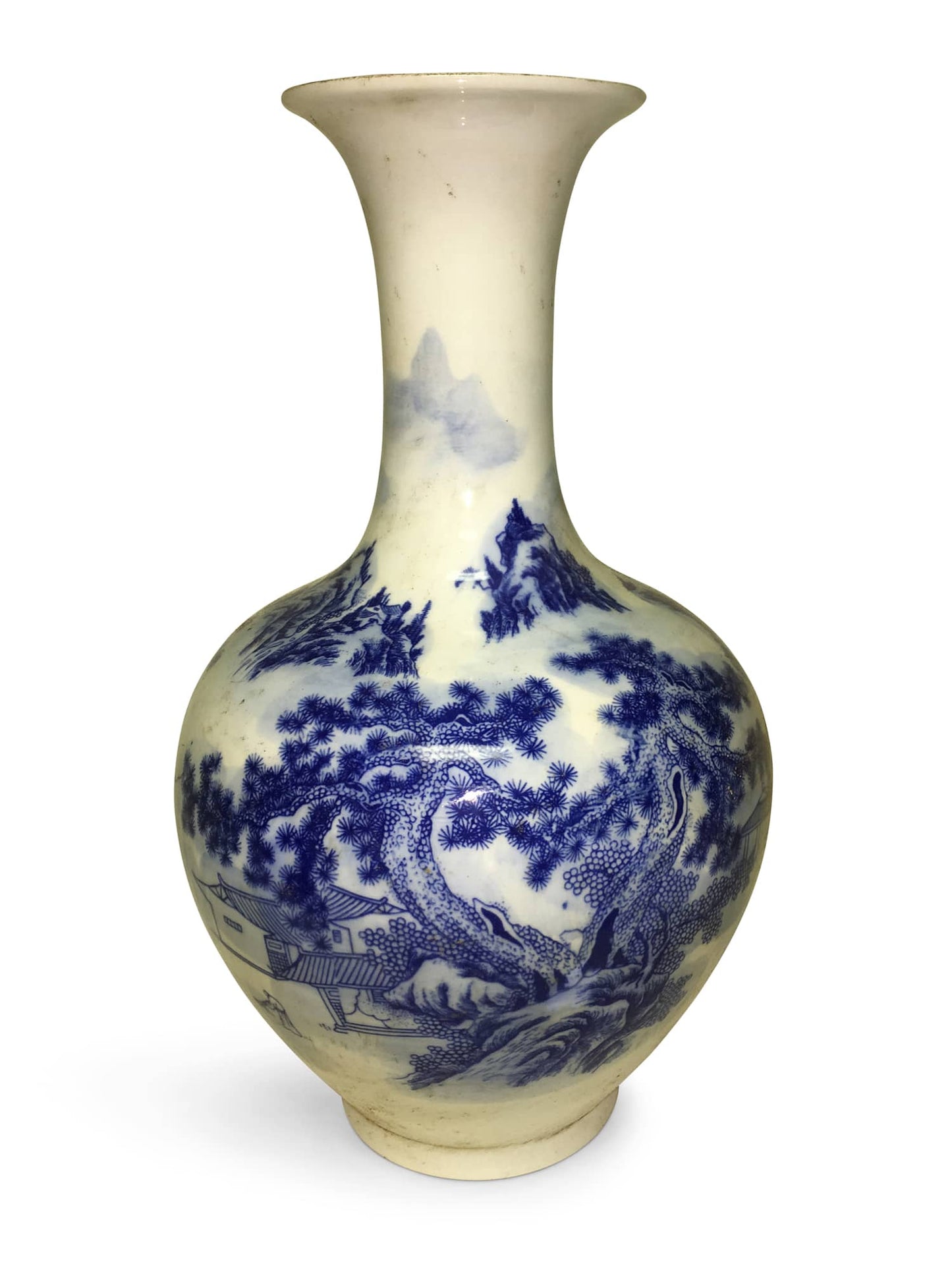 14" tall porcelain gourd vase with flared opening in blue and white Canton design 