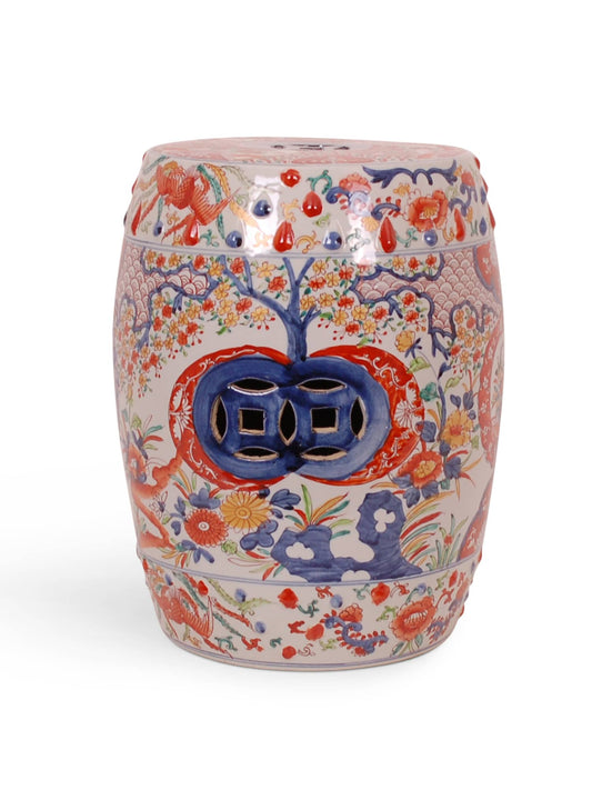 Garden stool with multicolored Imari design.