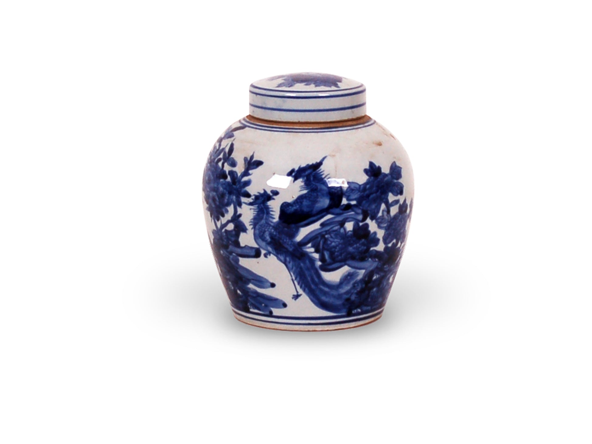 porcelain jar featuring hand painted blue and white phoenix design