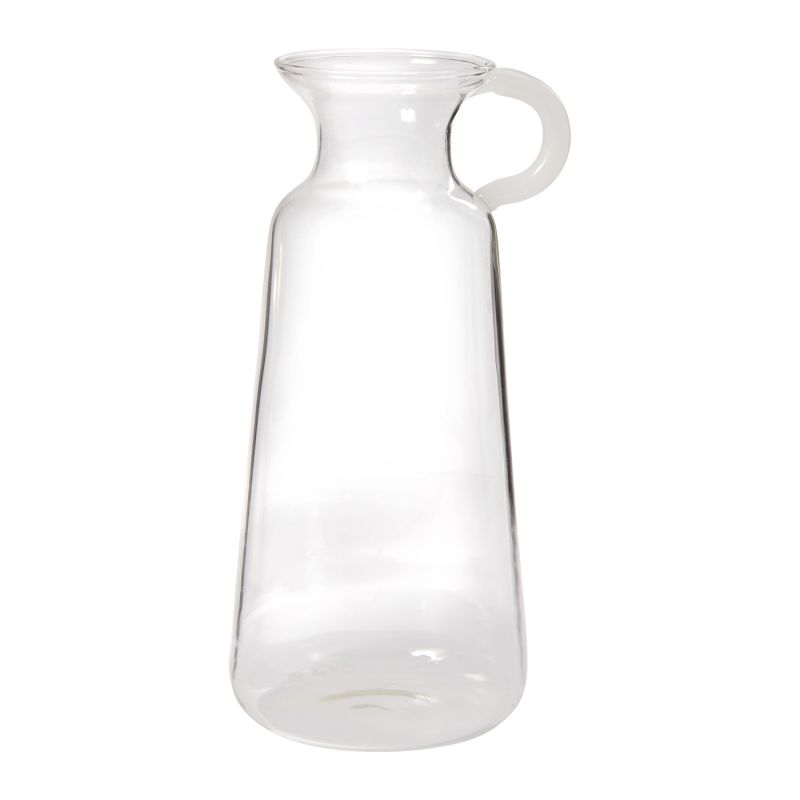 Clear pitcher shaped bud vase with solid white glass handles.