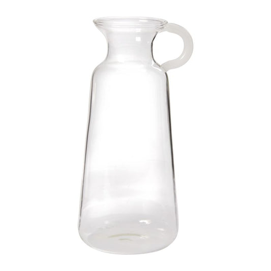 Clear pitcher shaped bud vase with solid white glass handles.