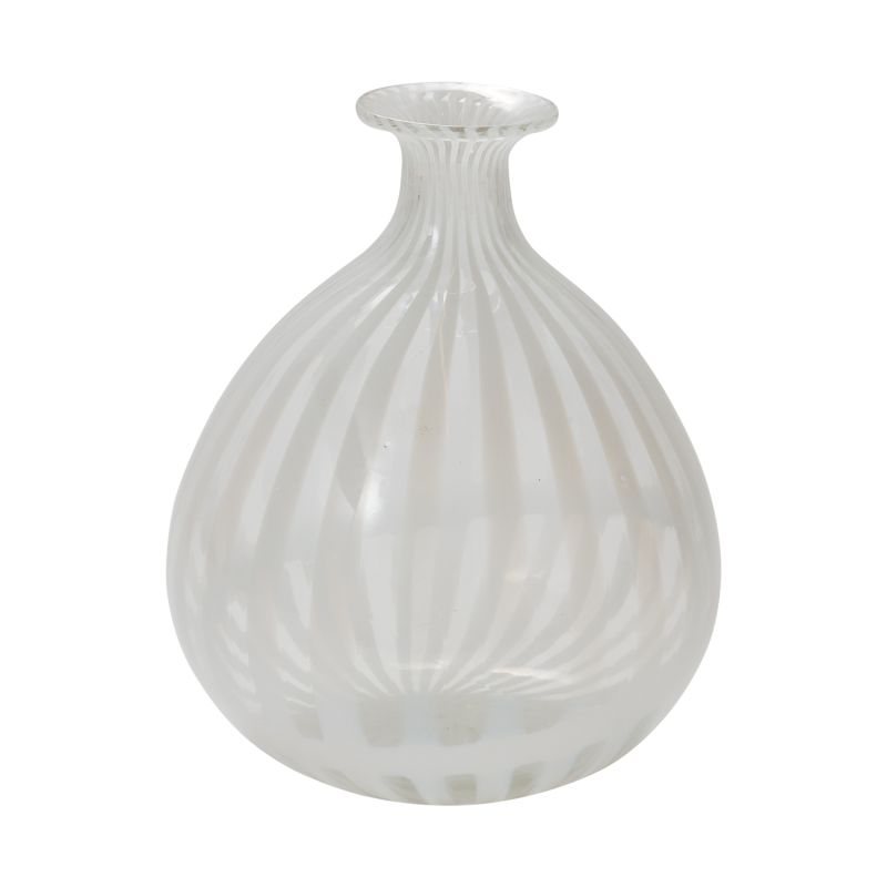 Clear and white striped bud vases in two sizes.