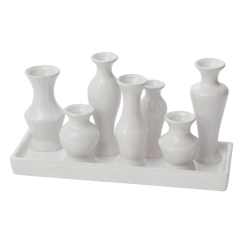 Rectangular ceramic trays with groupings of attached budvases