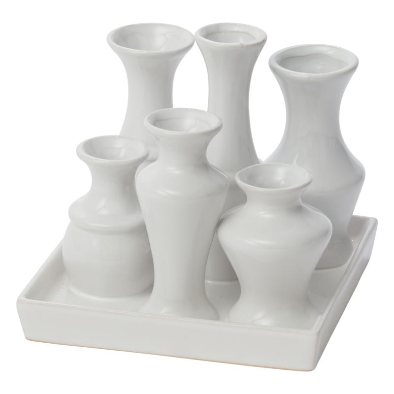 Square ceramic tray with groupings of attached budvases.