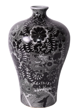 Classic black and white chinoiserie vase standing 22" tall. 