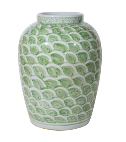 Green ginger jar with a fish scale pattern.