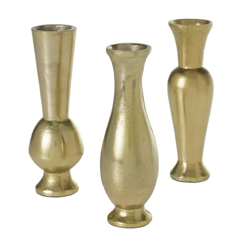 Set of three gold bud vases offers three different shapes and has a brushed finish