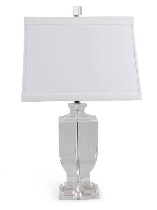 Large scale, crystal simple urn-shaped lamp with rectangular white drum shade.