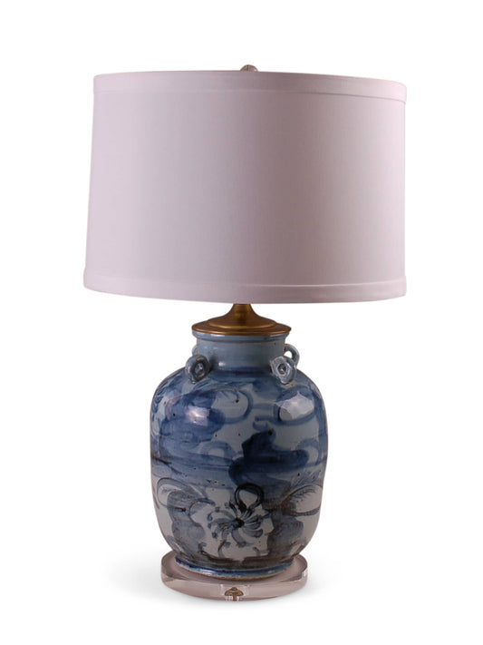 Blue and white watercolor Chinoiserie design and comes on an acrylic base with 0.5″ trim drum shade in white.