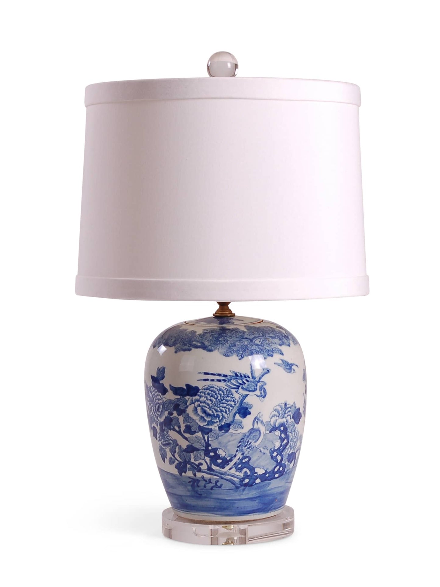 Reproduction porcelain melon jar lamp with blue and white bird and flower design. Comes on an acrylic base with 0.5″ trim drum shade in white.