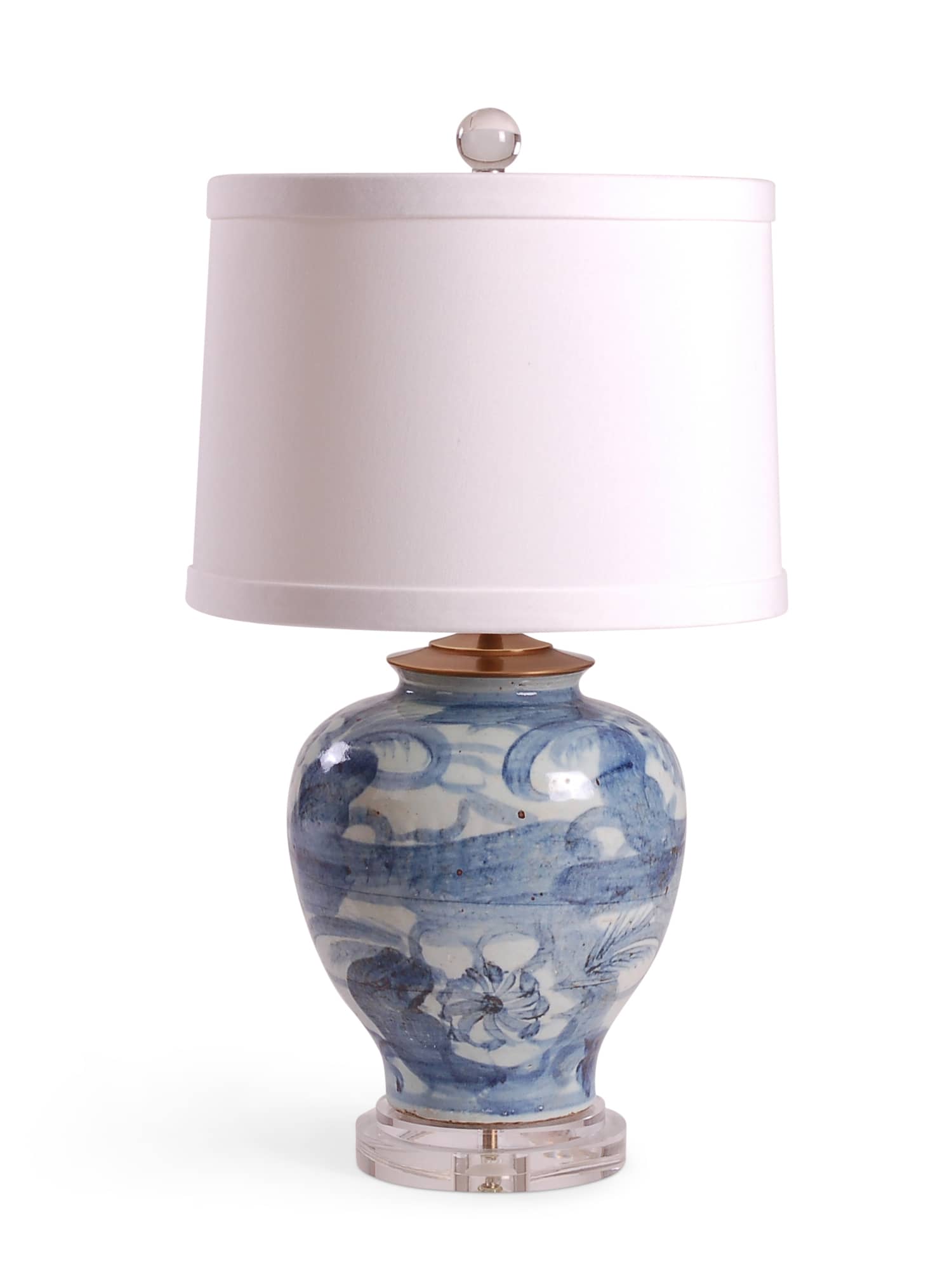 Reproduction porcelain vase lamp with casual watercolor design and antique finish. Made with foot-stomped clay. Comes on an acrylic base with 0.5″ trim drum shade in white.