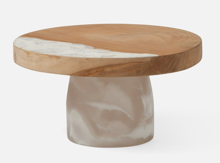 Teak and white resin cake stand.