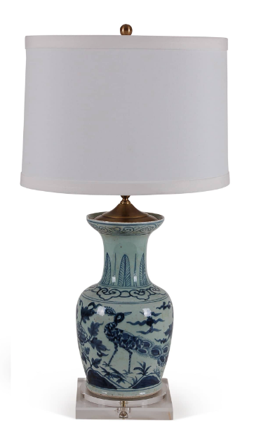 Large scale, porcelain vase lamp with blue and white phoenix motif on acrylic base with 0.5″ trim white drum shade.