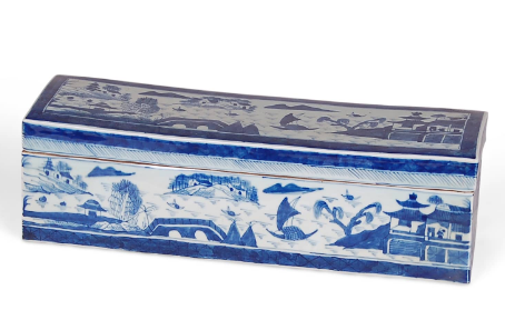 Reproduction porcelain rectangle box with blue and white Canton design