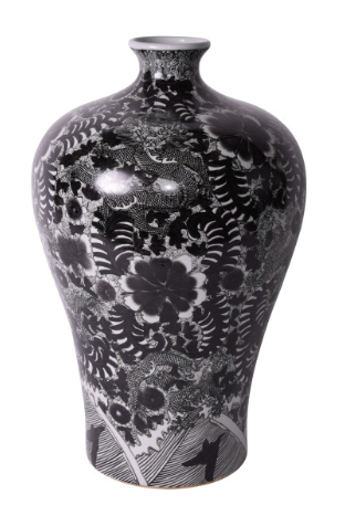 Classic black and white chinoiserie vase standing 22" tall.