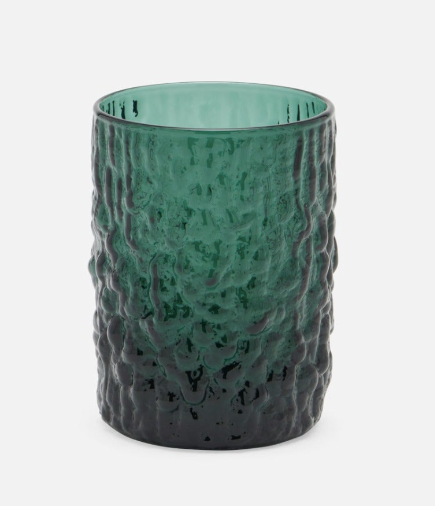 deeply rippled texture give this hand-blown glassware in smokey  green.