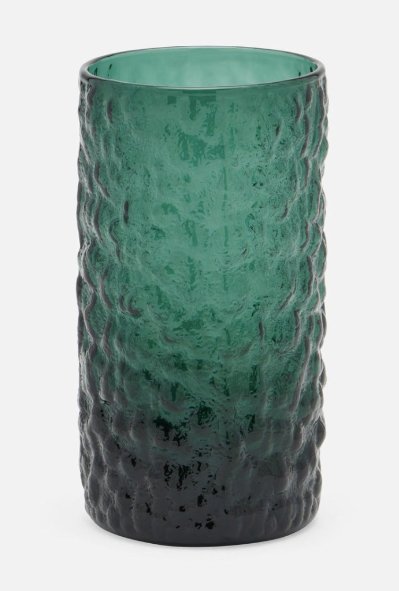 deeply rippled texture give this hand-blown glassware  in smokey green.