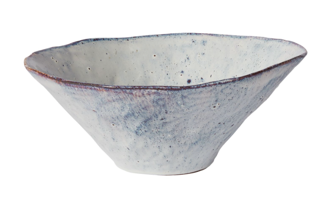 Vessel has a wavy rim and irregular sanded glaze with purple, iridescent and blue tones.