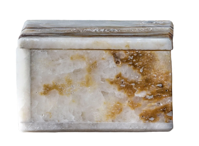 Crafted from brown onyx, which is plush with white and tawny brown banding, the Onyx Box is an attractive storage accent. Each piece is unique based on the stone's natural colorations.