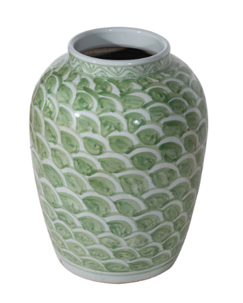 Green jar with a fish scale pattern.