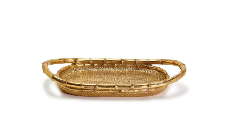 Golden Faux Bamboo Tray with Basket Weave Pattern