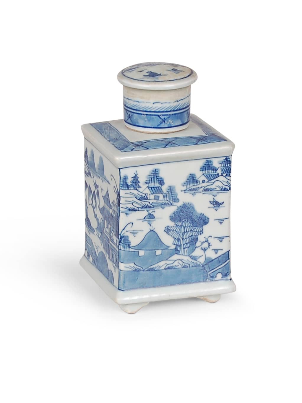 Square porcelain tea tin with a blue and white Canton design