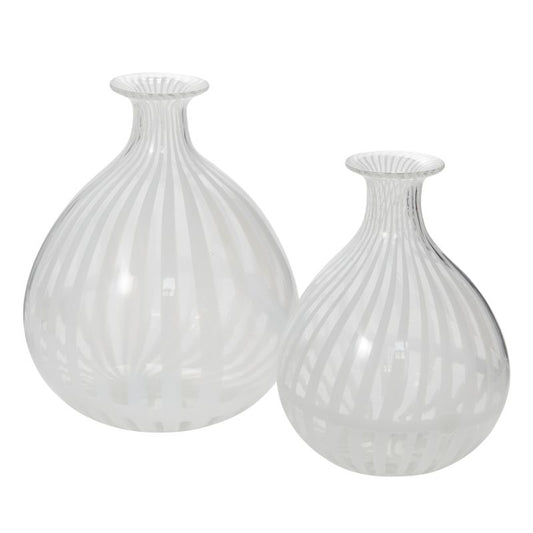 Clear and white striped bud vases in two sizes.