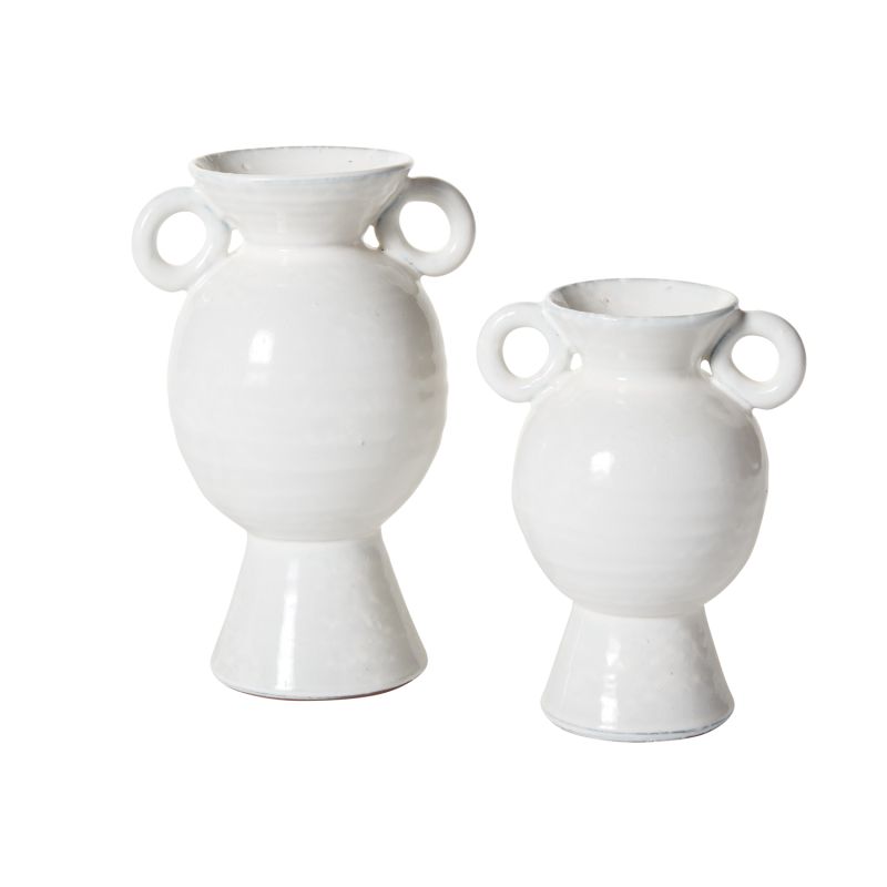 Made from terracotta & finished in a glossy white glaze, this sculptural vessel features a slightly textured surface, a rounded body, 2 loop handles & a flared foot for a modern take on a classic look.