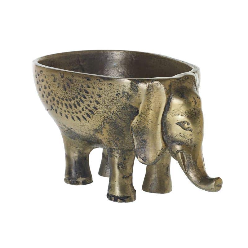 The Ezzie Elephant Pot has an antiqued gold finish 