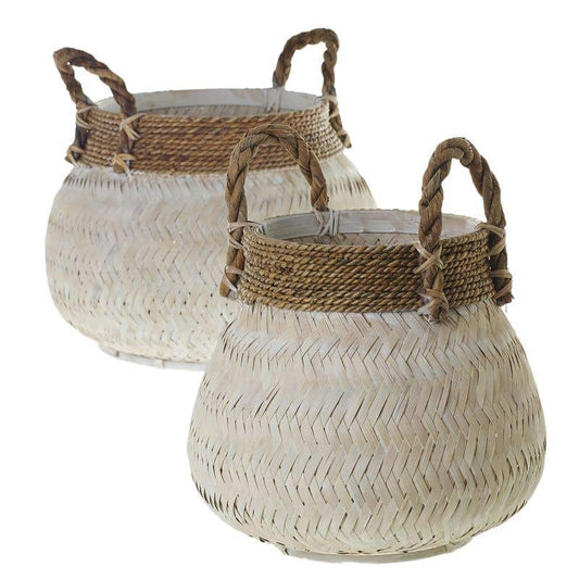 Kota basket is made from hand-woven white-washed bamboo with think jute rope handles